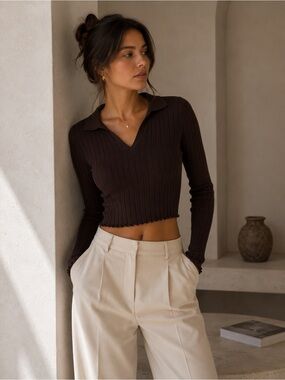 Garage Ribbed V-Neck Polo Top in Chocolate Brown